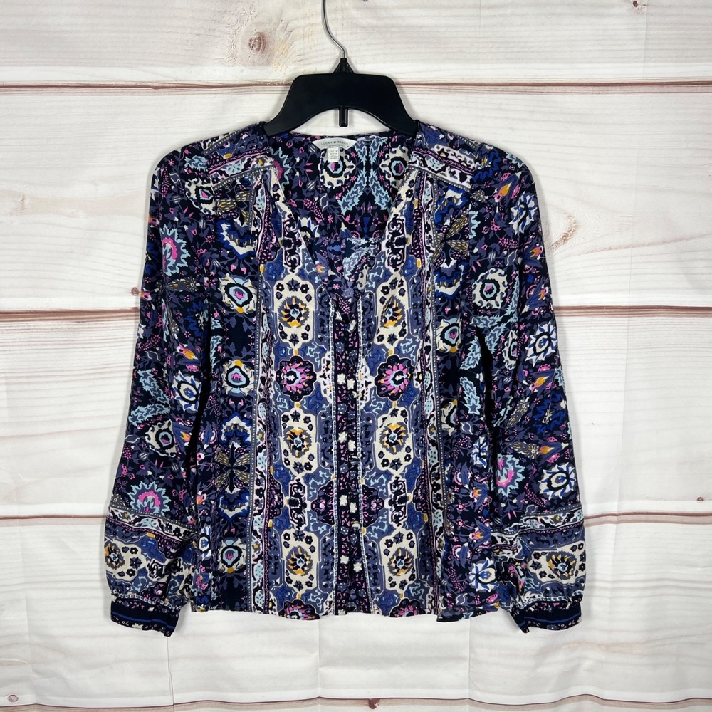 Lucky Brand Top Womens XS Multicolor Print Blouse V-Neck Long Sleeve Pullover
